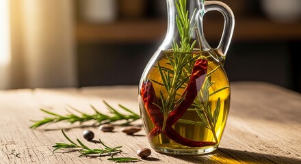 A glass carafe filled with infused olive oil, rosemary sprigs, and red chili peppers on a wooden surface