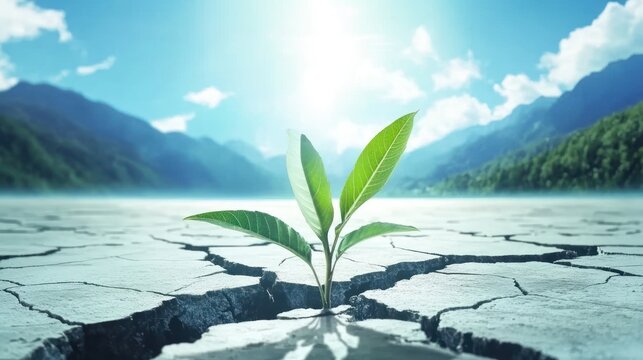 Resilience in Arid Lands: A Sprout Emerging from Cracked Earth Symbolizing Hope and Recovery
