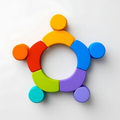 Colorful interlocking puzzle pieces forming a star shape with circular elements representing people or connection isolated on white background