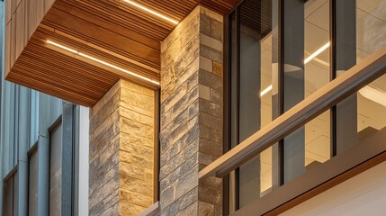 Obraz premium Modern architectural detail featuring stone and wood elements in a sleek design.