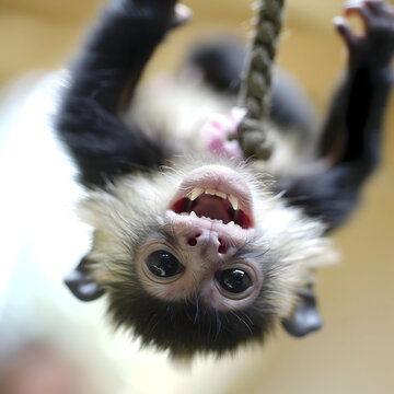 A playful baby monkey hangs upside down from a rope, looking directly at the camera with an open mouth and visible teeth.