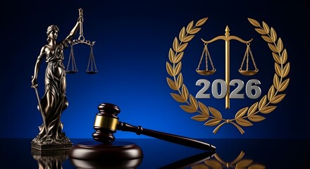 Justice Scales Gavel and Year 2026 Symbolizing Legal System Future