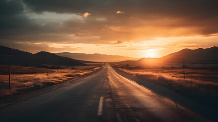 Empty road leading into a vibrant sunset horizon, capturing the essence of adventure and the promise of new horizons in a serene landscape sunset over the highway