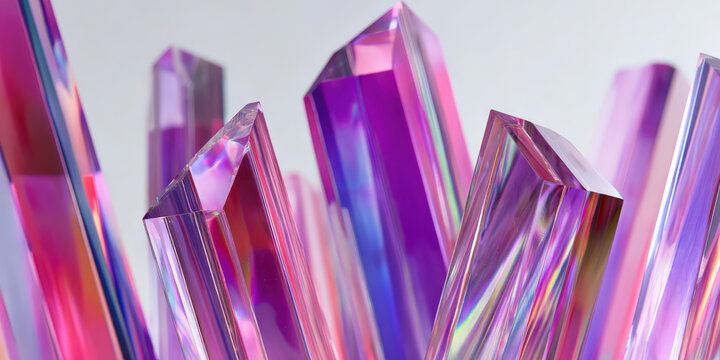 Vibrant purple and pink glass fins create stunning array of parallel structures, reflecting light in mesmerizing display. geometric shapes evoke sense of modern elegance and creativity