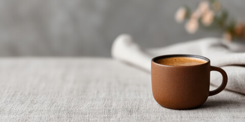 Close up of ceramic coffee mug on linen tablecloth creates warm and inviting atmosphere. blurred background adds touch of elegance, enhancing cozy feel
