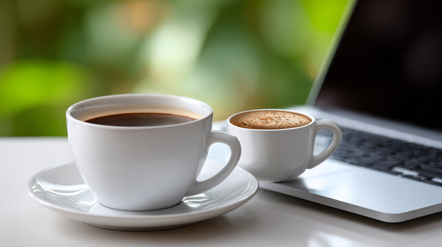 Coffee cup cappuccino laptop white table business casual meeting workspace morning relaxation. Two coffee cups and laptop white table create