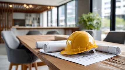 Yellow Construction Helmet and Blueprints on Wooden Table in Modern Workspace with Large Windows