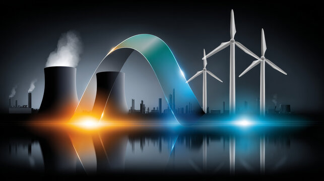 Cityscape with power plant, wind turbine, and energy transition curve, symbolizing shift from fossil fuel to clean energy, futuristic mood