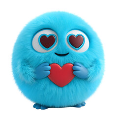 Adorable blue fluffy cartoon character holding a red heart with loving eyes. Cute 3D mascot perfect for romance, Valentine’s Day, and affectionate designs. Ideal for emojis, icons, and social media.