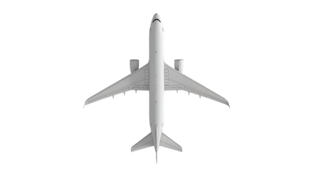 Top view of a white airplane isolated on transparent background, symmetrical design