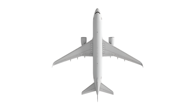 Top view of a white airplane isolated on transparent background, symmetrical design