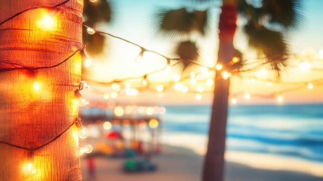 Warm evening lights illuminate palm trees by the beach near the pier