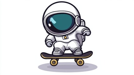 A charming cartoon astronaut joyfully skates on a board, blending fun and creativity in a vibrant 2D illustration.