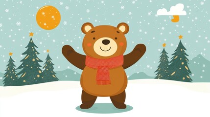 Adorable 2D bear illustration cozying up to Christmas trees, perfect for festive winter vibes and New Year celebrations.