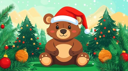 Fototapeta premium Adorable bear donning a festive cap beside a Christmas tree, bringing joy and charm to your holiday celebrations