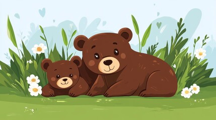 Fototapeta premium Playful brown bears frolic on lush green grass, showcased in a vibrant and modern flat illustration style.