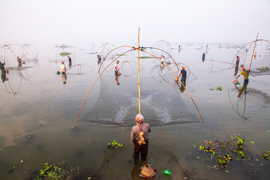 Pabna, Bangladesh - 28 November 2023: View of fishermen casting nets in the water, their figures silhouetted against the misty horizon, creating a timeless scene of rural life.