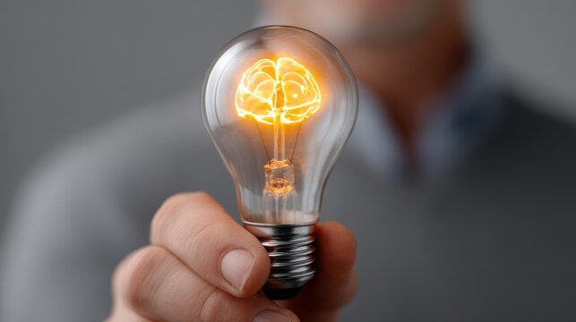 A businessman grips a light bulb housing a brain, symbolizing creativity and innovation in the quest for success.