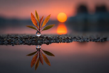 Plant with water droplet reflecting sunset on pebble beach, reflection