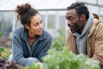 Young mixed-race couple discusses parenting strategies in a peaceful garden setting while embracing unity