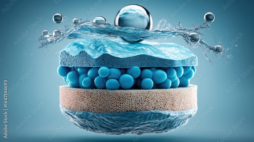 Poster detailed 3d rendering showcases the complex layers of water filtration technology in action.