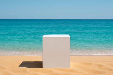 Empty beach chair facing turquoise ocean under bright blue sky
