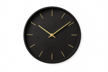 Black wall clock featuring golden hands displaying time against transparent backdrop, highlighting contemporary timekeeping design
