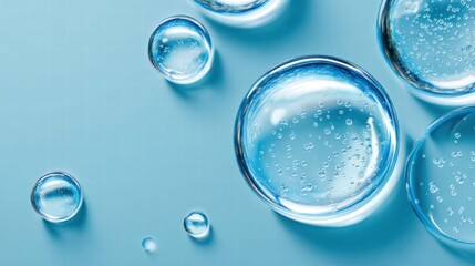 Clear water droplets with bubbles on a soft blue background, conveying freshness and purity.