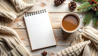 Cozy winter scene with notebook and coffee