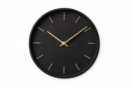 Black wall clock featuring golden hands displaying time against transparent backdrop, highlighting contemporary timekeeping design