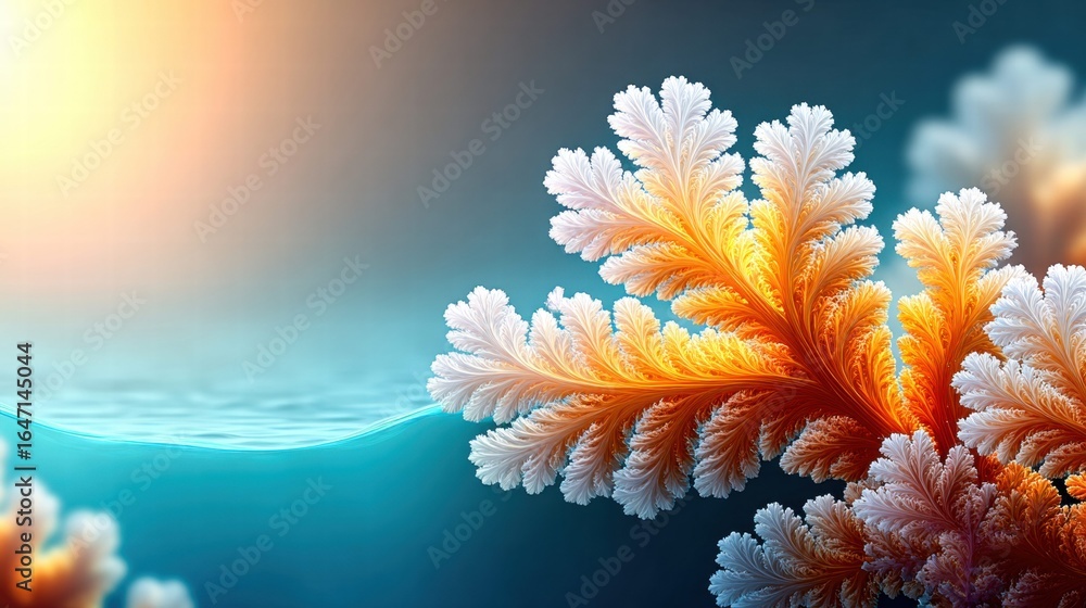 Aufkleber vibrant coral-like structures emerge from the water, creating a stunning display of color and light.