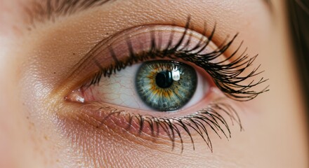 Obraz premium Close-up of a human eye with blue, green and yellow iris, surrounded by long, dark eyelashes and tan skin.