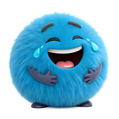 Cheerful blue fluffy cartoon character raising arms in excitement and joy. Fun 3D mascot perfect for playful projects, branding, and social media. Ideal for emoji, icon, and expressive design.
