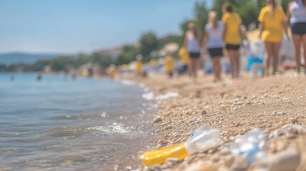 Beach cleanup initiative on a sunny day by the shore with volunteers