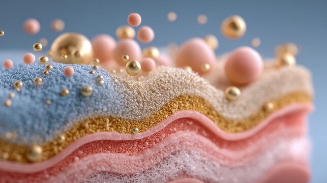 Artistic 3d illustration of skin layers with floating particles and a soft aesthetic.