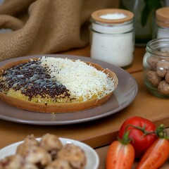 closed up of Indonesian sweet martabak, a popular dessert pancake, served on a plate with half topped with chocolate sprinkles and half with grated cheese