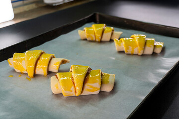 Croissant with caramel. Puff pastry. Dessert