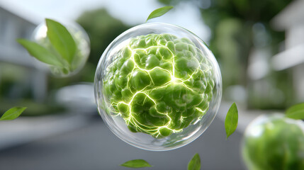 Glowing energy core green sphere sustainable city futuristic nature eco friendly innovation clean energy vibrant