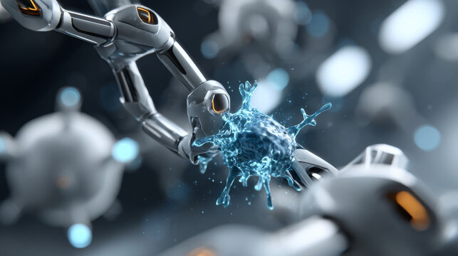 Futuristic robotic arm interacts with blue digital virus, symbolizing advanced technology and artificial intelligence defense - Powered by Adobe