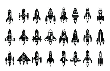 spacecraft launch icons set simple vector rocket ship