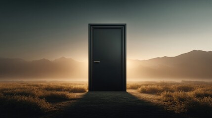 A solitary black door in a field at sunset, with mountains and a path ahead, inviting curiosity.
