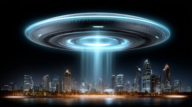Futuristic city skyline, glowing energy core, large UFO hovering, blue light beams, night scene, advanced technology, mysterious atmosphere