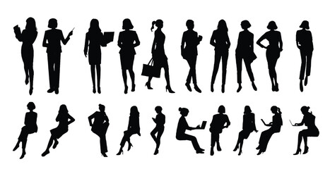 set of silhouettes business woman working on laptop computer, walking with hand bag, sit with working.