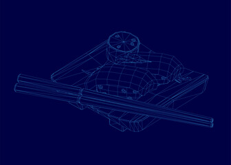 A wireframe plate of sushi features nigiri, maki, and temaki rolls alongside neatly placed chopsticks on a deep blue background. The minimalist 3D design highlights clean lines and depth, creating a.