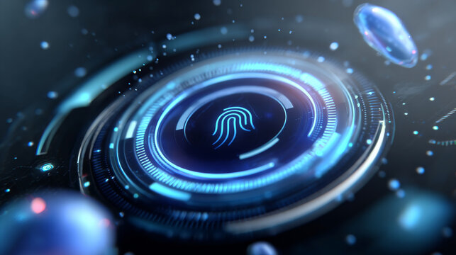 Futuristic fingerprint scanner interface with glowing blue digital elements, symbolizing advanced AI security technology