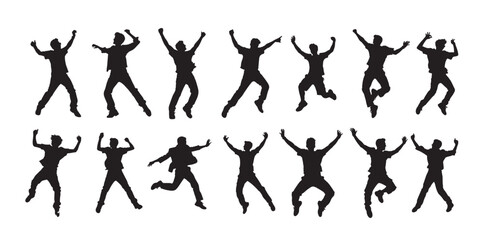 set of silhouettes of people happy vibes. man jumping and dancing. isolated on a white background.