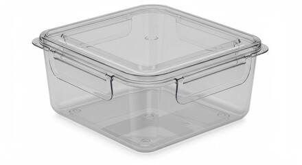 A clear, square plastic food container with a lid, shown on a white surface. The container is slightly angled, showing all sides.