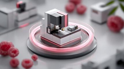 Futuristic isometric illustration of artificial intelligence security operation, glowing pink ring, modern, abstract, creative, technology