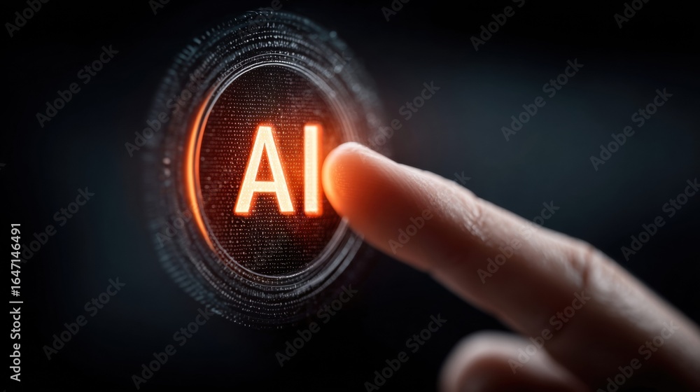 Poster an illuminated ai button is being pressed by a finger, ready to launch.