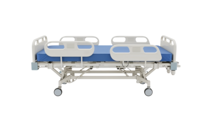 Modern hospital bed ensures patient comfort, featuring adjustable railings and a blue mattress for optimal care in medical facilities and home settings